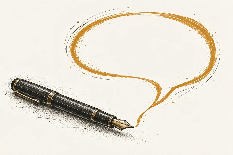 A charcoal fountain pen draws an ochre speech bubble: turning a thought into a conversation.