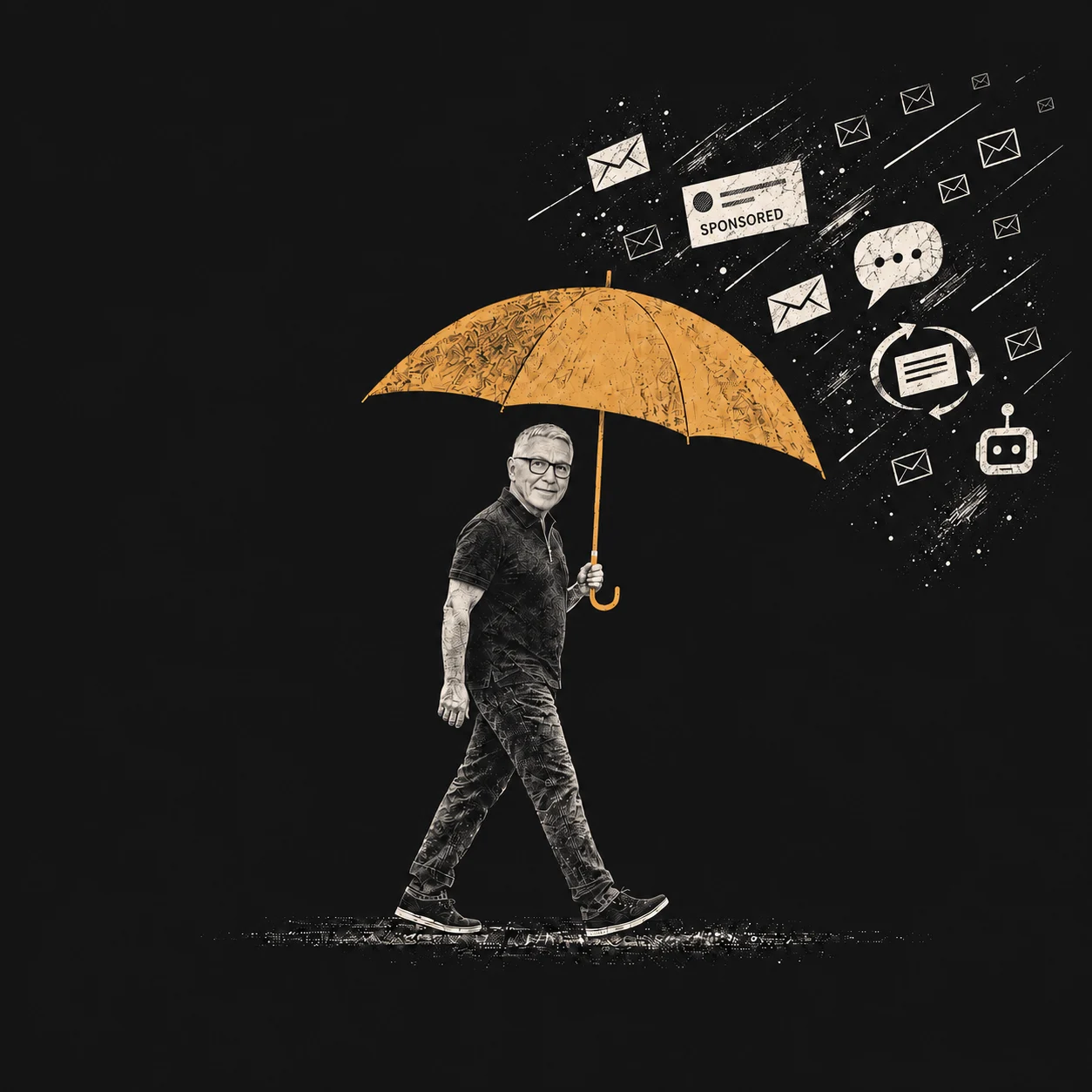 Kerry walks calmly beneath an ochre umbrella, sheltered from a storm of mass emails, sponsored posts and automated messages.