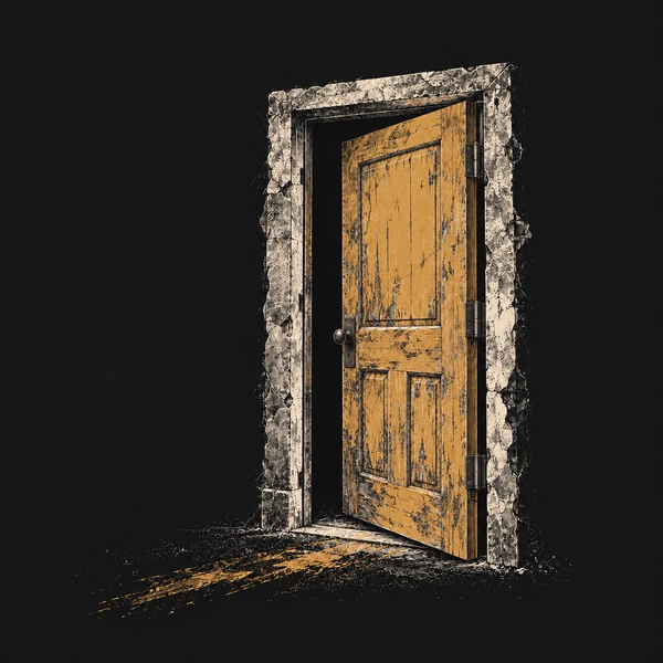 A weathered ochre door stands ajar, hinged to its stone frame, drawn in scratched ivory and charcoal ink.